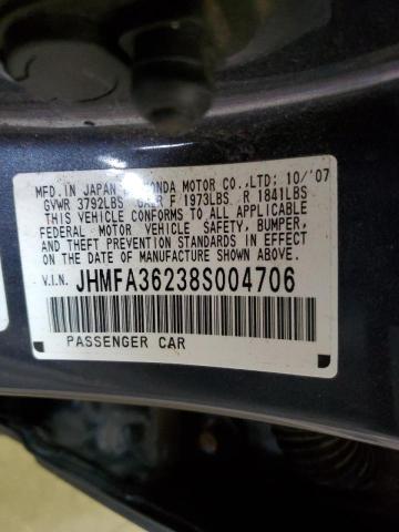 JHMFA36238S004706 - 2008 HONDA CIVIC HYBR BLUE photo 10