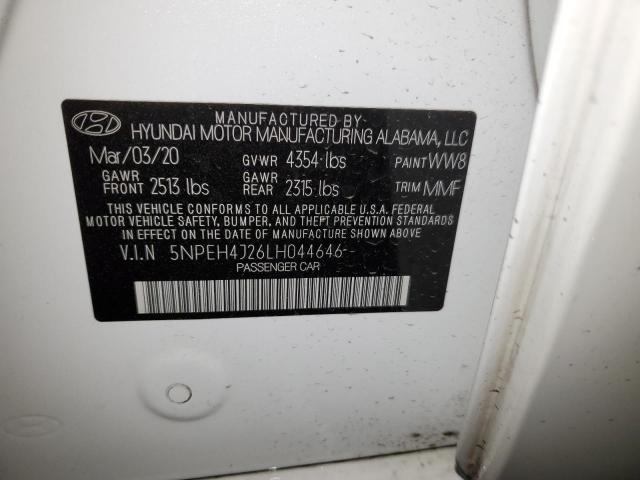 5NPEH4J26LH044646 - 2020 HYUNDAI SONATA LIM WHITE photo 10