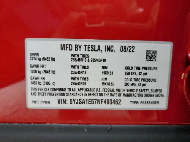 5YJSA1E57NF490462 - 2022 TESLA MODEL S Կարմիր լուսանկար 10
