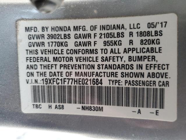 19XFC1F77HE021684 - 2017 HONDA CIVIC EXL 银色 照片 10