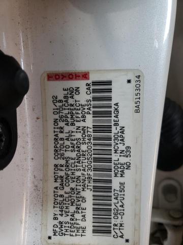 JTHBF30G520034877 - 2002 LEXUS ES 300 WHITE photo 10