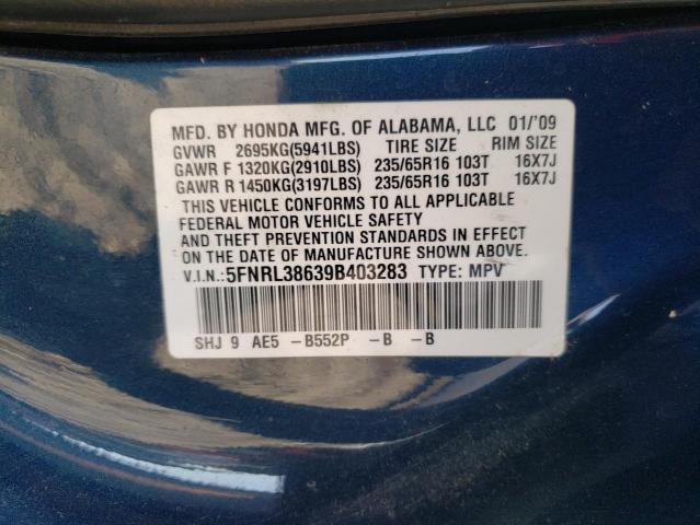 5FNRL38639B403283 - 2009 HONDA ODYSSEY BLUE photo 10