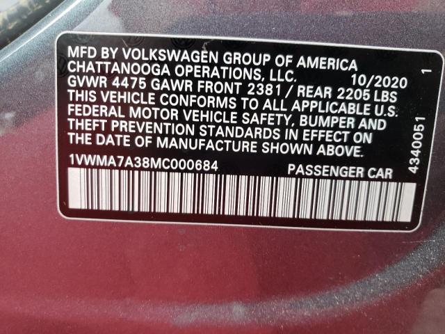 1VWMA7A38MC000684 - 2021 VOLKSWAGEN PASSAT R-L GRAY photo 10
