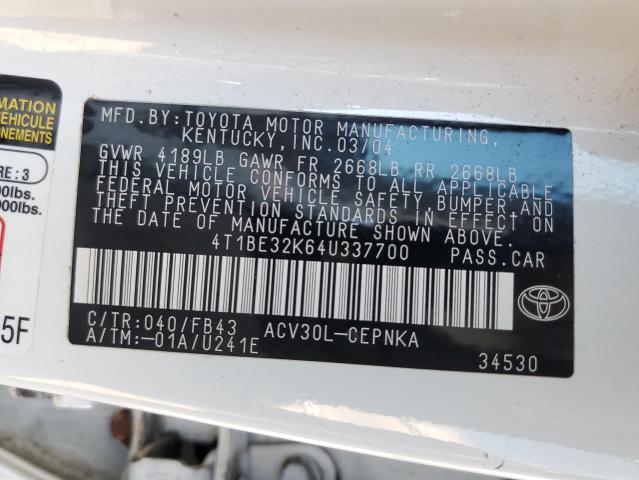 4T1BE32K64U337700 - 2004 TOYOTA CAMRY LE A Ağ foto 10