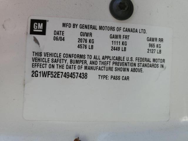 2G1WF52E749457438 - 2004 CHEVROLET IMPALA WHITE photo 10