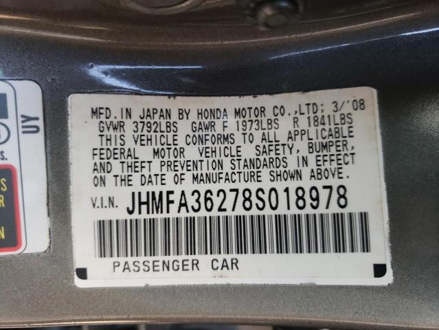 JHMFA36278S018978 - 2008 HONDA CIVIC HYBR GRAY photo 10