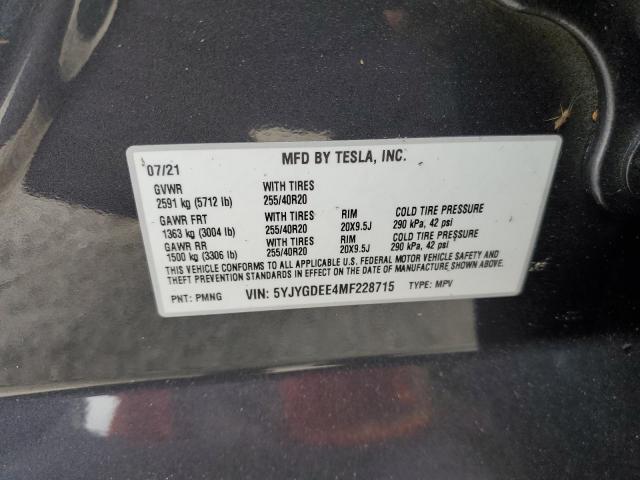 5YJYGDEE4MF228715 - 2021 TESLA MODEL Y رمادي صورة 10