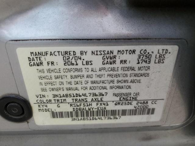 3N1AB51D64L736367 - 2004 NISSAN SENTRA SE- SILVER photo 10