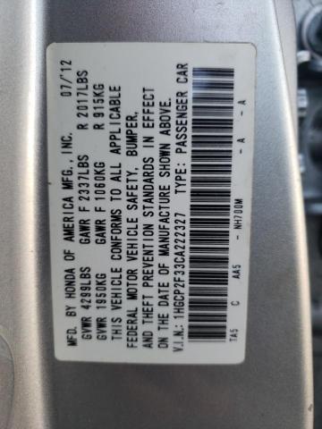 1HGCP2F33CA222327 - 2012 HONDA ACCORD LX SILVER photo 12