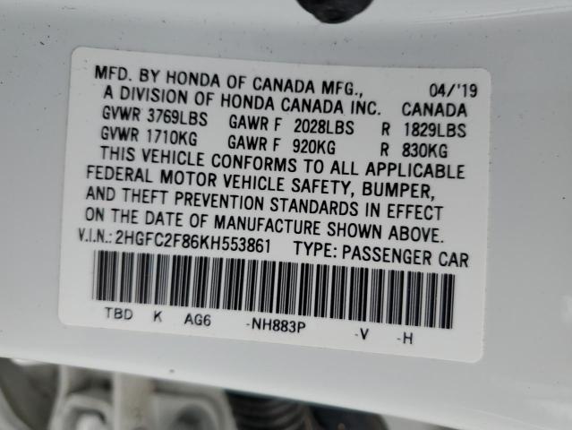 2HGFC2F86KH553861 - 2019 HONDA CIVIC SPOR WHITE photo 10