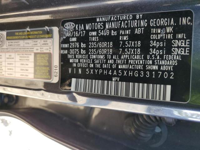 5XYPH4A5XHG331702 - 2017 KIA SORENTO GRAY photo 10