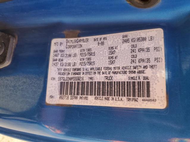 1B7GL22X0YS558216 - 2000 DODGE DAKOTA BLUE photo 12