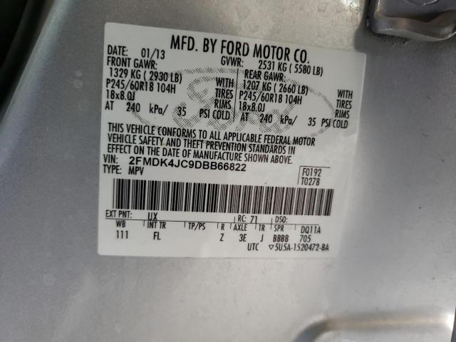 2FMDK4JC9DBB66822 - 2013 FORD EDGE SEL SILVER photo 10