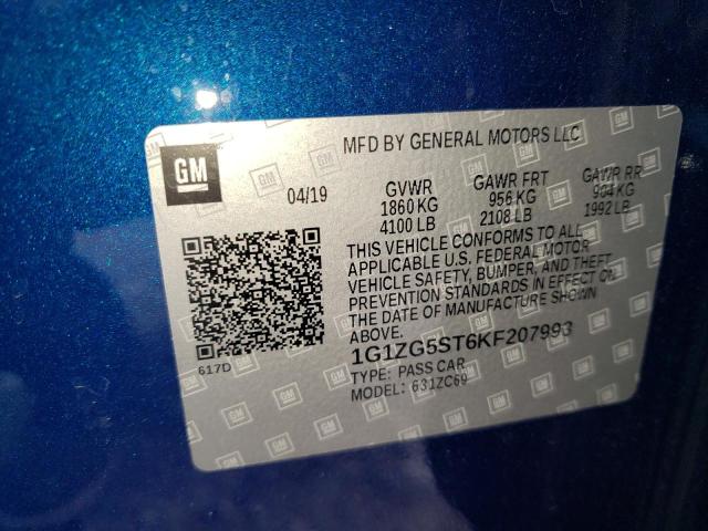 1G1ZG5ST6KF207993 - 2019 CHEVROLET MALIBU RS BLUE photo 10