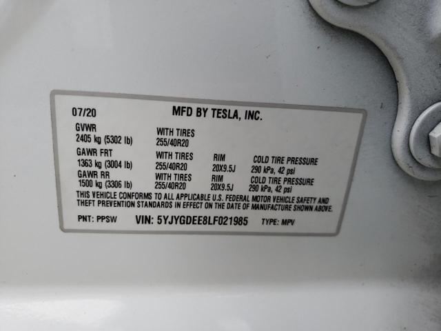 5YJYGDEE8LF021985 - 2020 TESLA MODEL Y أبيض صورة 10