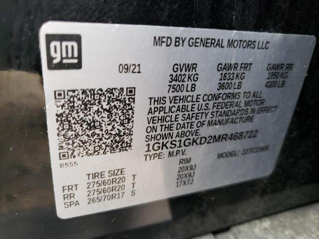 1GKS1GKD2MR468722 - 2021 GMC YUKON XL C BLACK photo 10