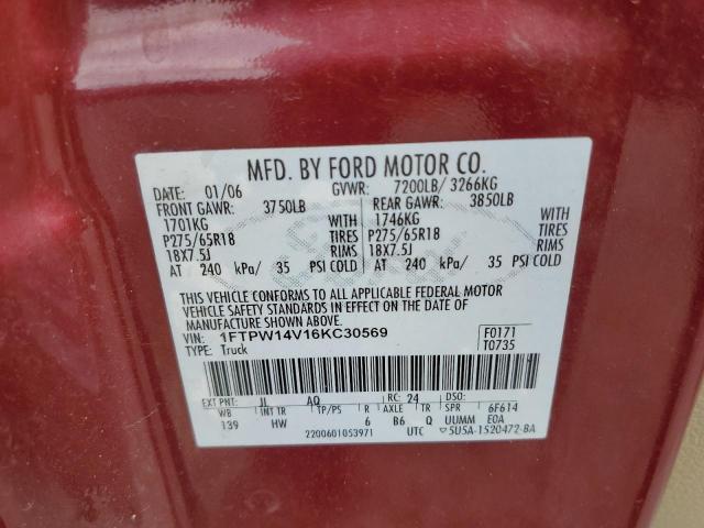 1FTPW14V16KC30569 - 2006 FORD F150 4WD MAROON photo 10