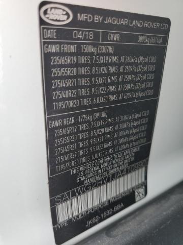 SALWG2RV1JA410990 - 2018 LAND ROVER RANGE ROVE WHITE photo 10