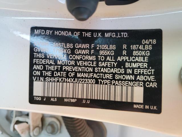 SHHFK7H4XJU223300 - 2018 HONDA CIVIC SPOR WHITE photo 10