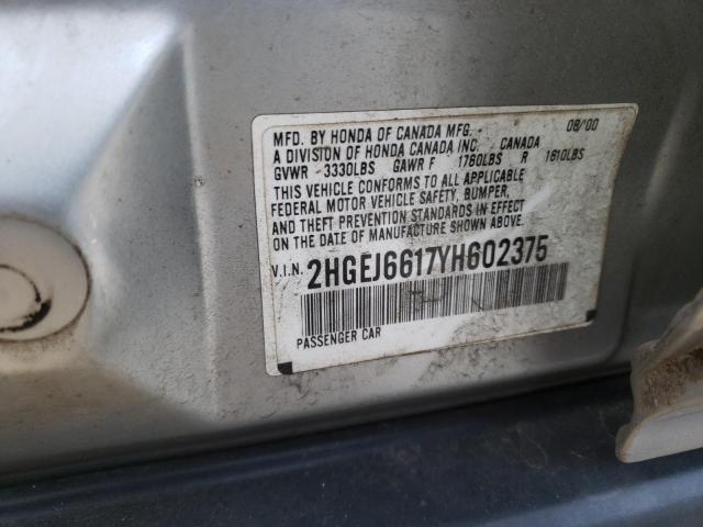 2HGEJ6617YH602375 - 2000 HONDA CIVIC BASE SILVER photo 10