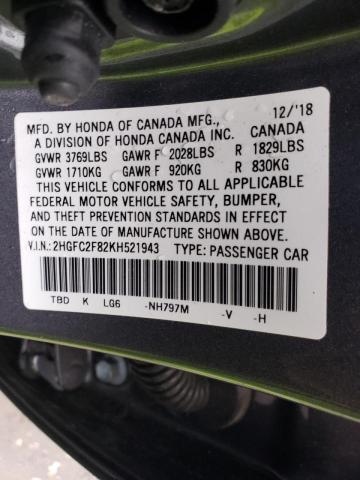 2HGFC2F82KH521943 - 2019 HONDA CIVIC SPOR GRAY photo 10