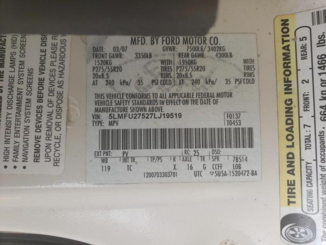 5LMFU27527LJ19519 - 2007 LINCOLN NAVIGATOR 白色 照片 10