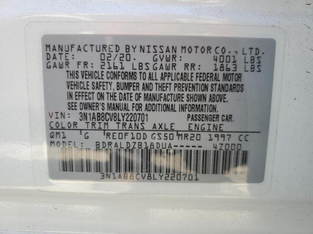 3N1AB8CV8LY220701 - 2020 NISSAN SENTRA SV WHITE photo 10