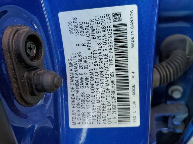 2HGFC2F89LH560059 - 2020 HONDA CIVIC SPOR BLUE photo 10
