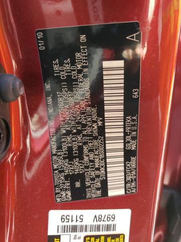5TDKK3DC1BS002252 - 2011 TOYOTA SIENNA LE RED photo 10