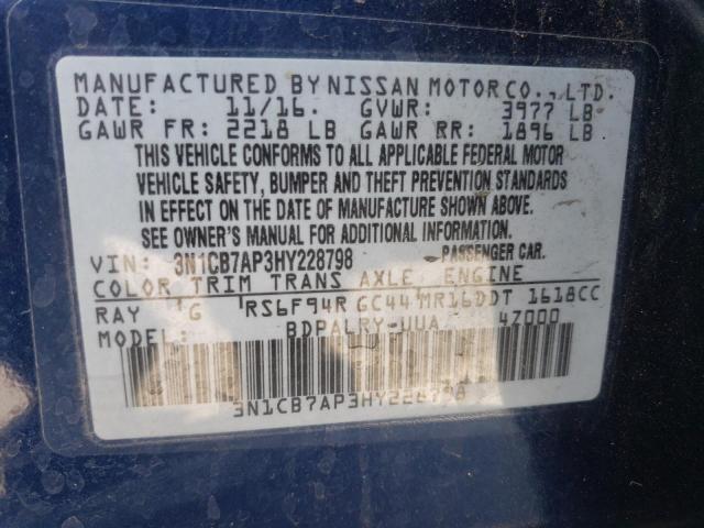 3N1CB7AP3HY228798 - 2017 NISSAN SENTRA SR BLUE photo 10