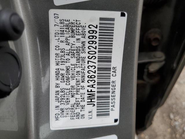 JHMFA36237S029992 - 2007 HONDA CIVIC HYBR GRAY photo 10