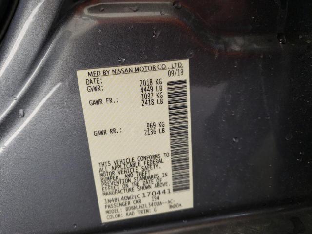 1N4BL4DW2LC170441 - 2020 NISSAN ALTIMA SV GRAY photo 10