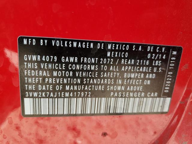 3VW2K7AJ1EM417972 - 2014 VOLKSWAGEN JETTA BASE RED photo 10