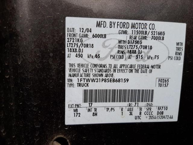 1FTWW31P85EB68159 - 2005 FORD F-350 CHARCOAL photo 10