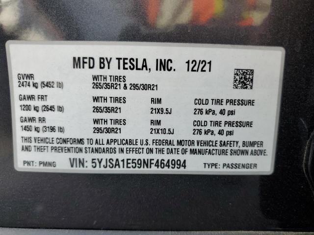 5YJSA1E59NF464994 - 2022 TESLA MODEL S Մոխրագույն լուսանկար 10