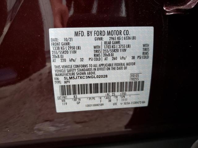 5LM5J7XC3NGL02028 - 2022 LINCOLN AVIATOR RE 栗色 照片 10