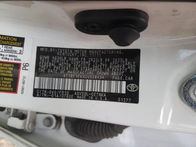 4T1BF1FKXCU528434 - 2012 TOYOTA UK WHITE photo 12