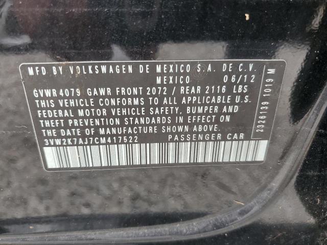 3VW2K7AJ7CM417522 - 2012 VOLKSWAGEN JETTA BASE BLACK photo 10
