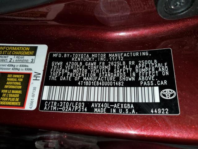 4T1BD1EB4DU001482 - 2013 TOYOTA AVALON HYB BURGUNDY photo 10