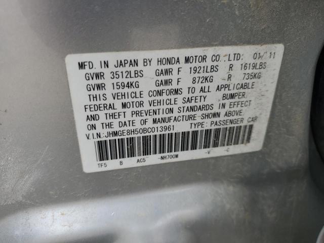 JHMGE8H50BC013961 - 2011 HONDA FIT SPORT SILVER photo 10