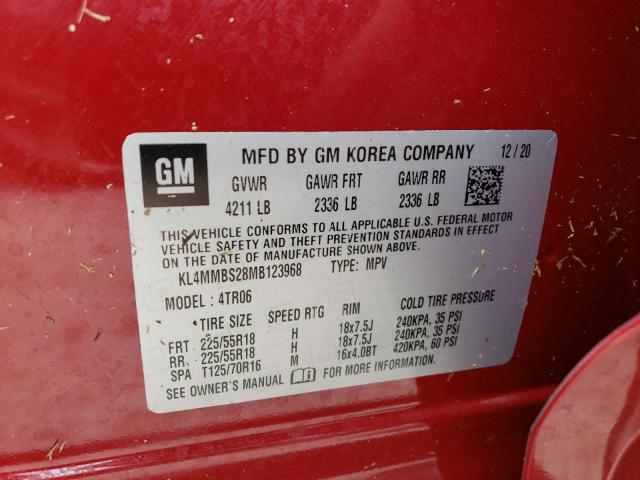 KL4MMBS28MB123968 - 2021 BUICK ENCORE GX MAROON photo 10