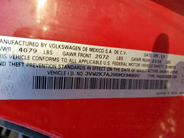 3VW2K7AJ9BM394890 - 2011 VOLKSWAGEN JETTA BASE 红色 照片 10
