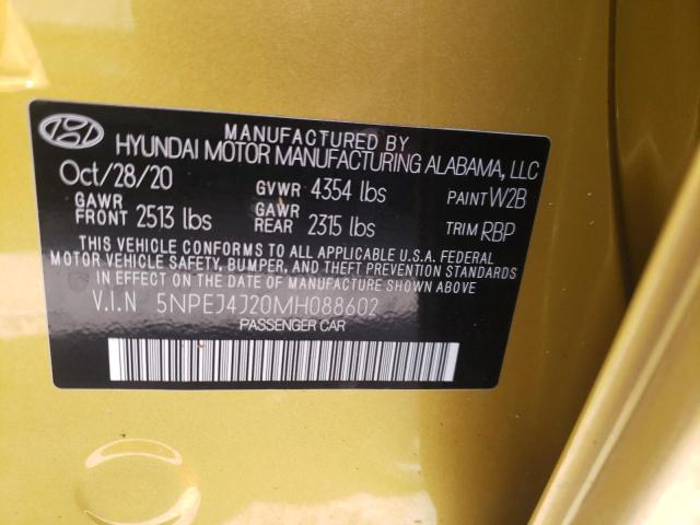 5NPEJ4J20MH088602 - 2021 HYUNDAI SONATA SEL YELLOW photo 10