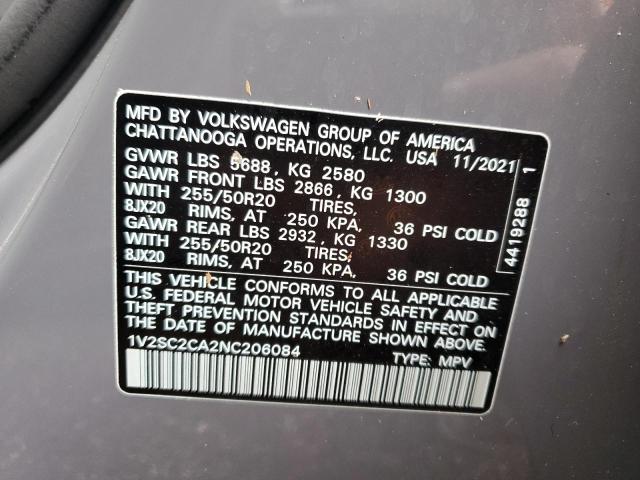 1V2SC2CA2NC206084 - 2022 VOLKSWAGEN ATLAS CROS Серый фото 10