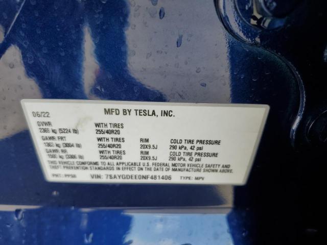 7SAYGDEE0NF481406 - 2022 TESLA MODEL Y Синий фото 12