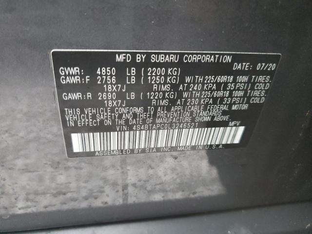 4S4BTAPC0L3246521 - 2020 SUBARU OUTBACK TO GRAY photo 10