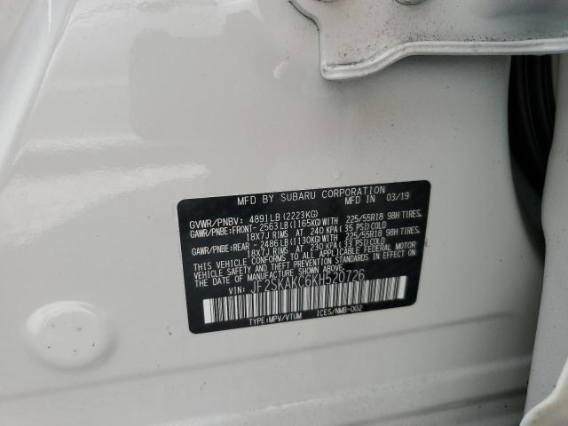 JF2SKAKC6KH520726 - 2019 SUBARU FORESTER S WHITE photo 10