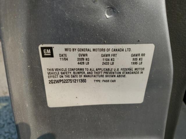 2G2WP522751211360 - 2005 PONTIAC GRAND PRIX ვერცხლისფერი ფოტო 10