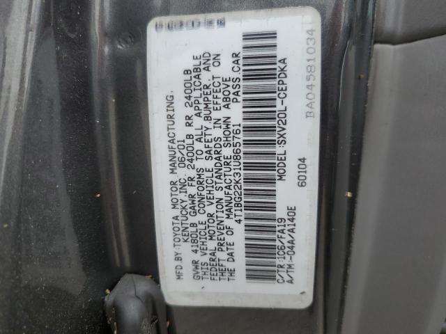 4T1BG22K31U865761 - 2001 TOYOTA CAMRY CE GRAY photo 10