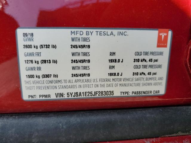 5YJSA1E25JF283035 - 2018 TESLA MODEL S Qırmızı foto 10